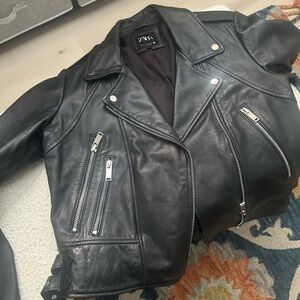 Zara Black Leather Biker Jacket with Silver Zips
